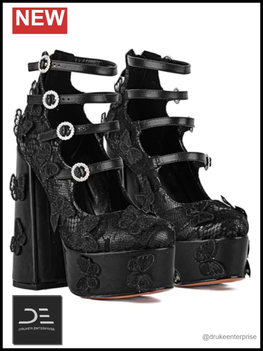 Women's Platform Chunky Heels Lace Butterfly Square Toe Ankle Strap Mary-Jane